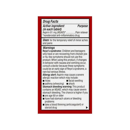Chewable aspirin tablets in cherry flavor, 81mg, 36-count bottle from Pasteur Pharmacy for heart health and pain relief.