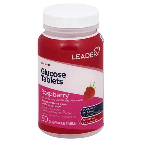 Chewable raspberry-flavored Leader Glucose tablets in a container, designed for quick energy and health support.