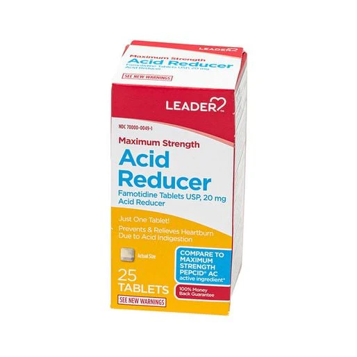 Leader Maximum Strength Acid Reducer bottle with Famotidine 20 mg capsules, used for heartburn relief and acid indigestion.
