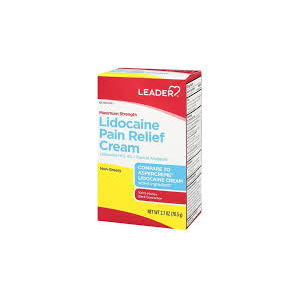 Leader Maximum Strength Lidocaine Pain Relief Cream 4% from Pasteur Pharmacy, showing the tube and packaging for localized pain relief.