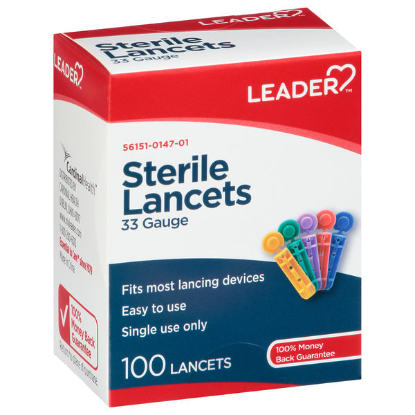 Sterile ultra-thin 33 gauge Leader™ lancets for blood glucose testing, shown in the packaging with a clear view of the lancets.