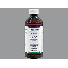 Bottle of Pasteur Pharmacy M-PAP Acetaminophen Liquid with 160 mg per 5 mL label, showing clear packaging and dosage information.