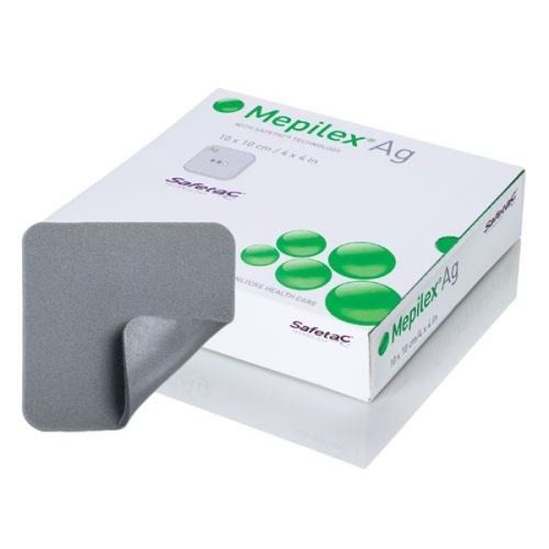 Box of five Mepilex Ag 4x4 silver dressings for wound care by Pasteur Pharmacy, featuring antimicrobial silver for infection control.