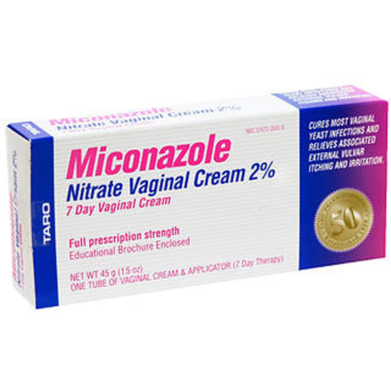 Miconazole vaginal cream in a 1.5 oz tube, used for treating yeast infections, displayed on a healthcare product label.