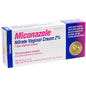 Miconazole vaginal cream in a 1.5 oz tube, used for treating yeast infections, displayed on a healthcare product label.