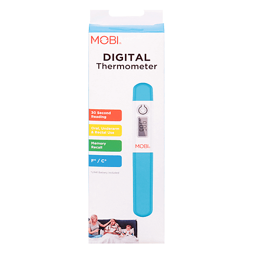Digital Mobi Thermometer from Pasteur Pharmacy showing a clear display screen, used for accurate health care temperature readings.