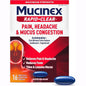 Mucinex Rapid + Clear 200-325mg liquid gel capsules in a 16-count package, designed to relieve congestion and cold symptoms.