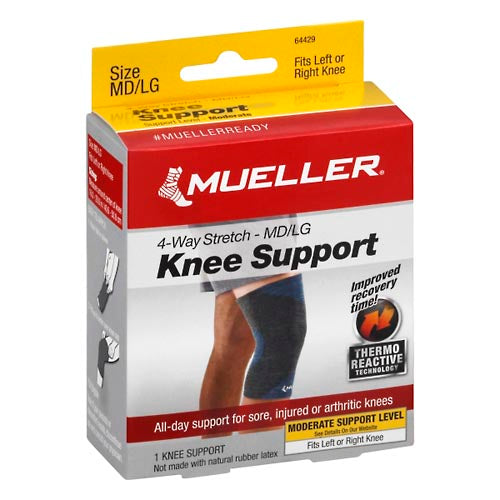 Mueller 4-Way Stretch Knee Support in medium/large size, providing compression and support for knee pain and stability.