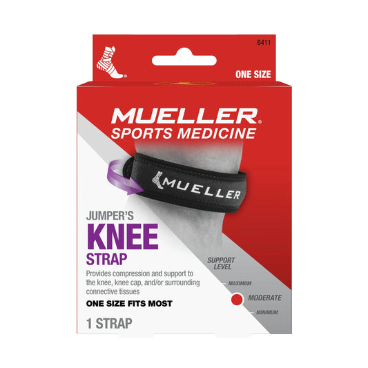 Black Mueller Jumper's Knee Strap for unisex use, adjustable fit, designed to support knee health and stability.