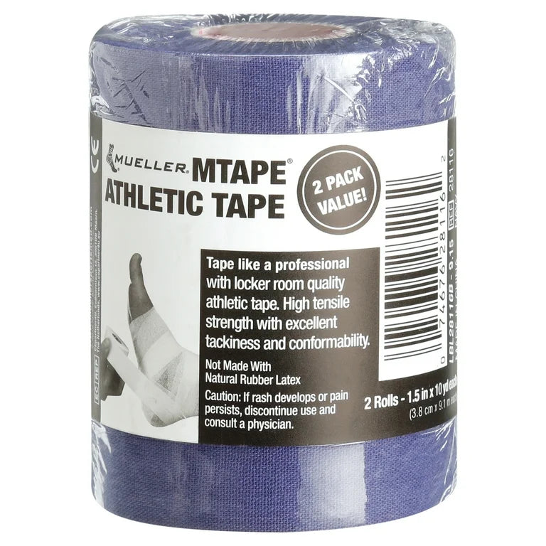 Mueller MTape athletic tape in navy blue, 2-pack, 1.5 inch x 10 yards each, used for sports injury support and stabilization.