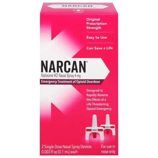 NARCAN Nasal Spray 4 mg by Pasteur Pharmacy, two single-dose devices for emergency opioid overdose treatment.