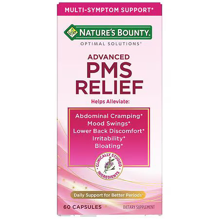 Nature's Bounty PMS relief supplement in a bottle of 60 capsules, supporting menstrual cycle health with chasteberry, hormone-free.