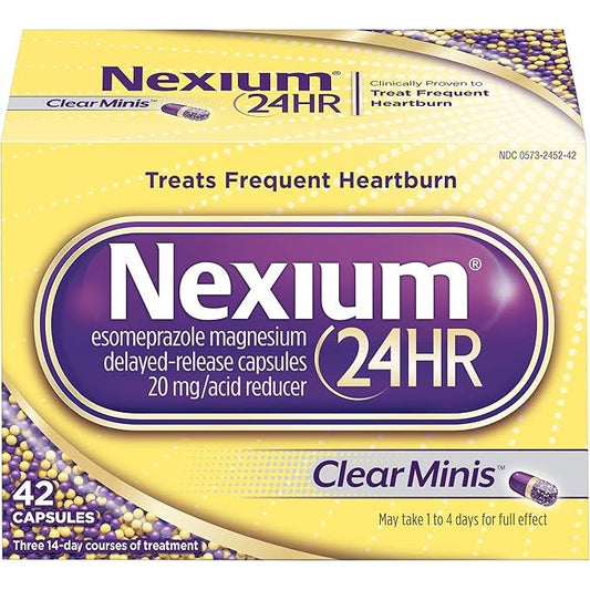 Nexium 24HR ClearMinis 20mg delayed-release capsules for heartburn relief, featuring Esomeprazole Magnesium, 42-count bottle.