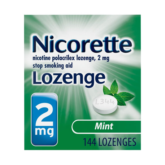 Nicorette 2mg Mint Nicotine Lozenges for smoking cessation, 144 count, from Pasteur Pharmacy, health care product.