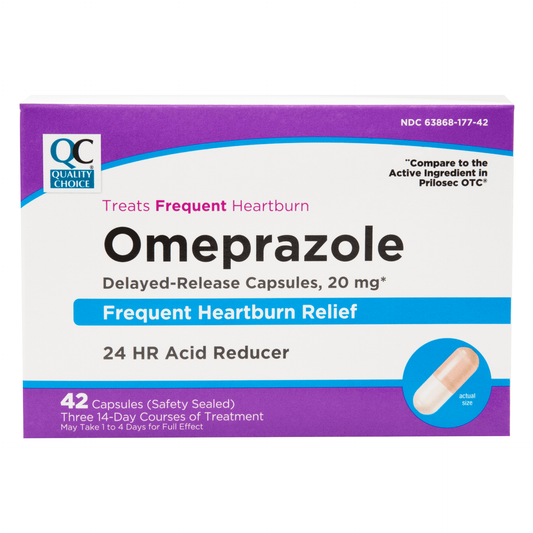 Bottle of Pasteur Pharmacy Omeprazole 24HR delayed release tablets, 20 mg, 42-count, for stomach acid relief and GERD treatment.