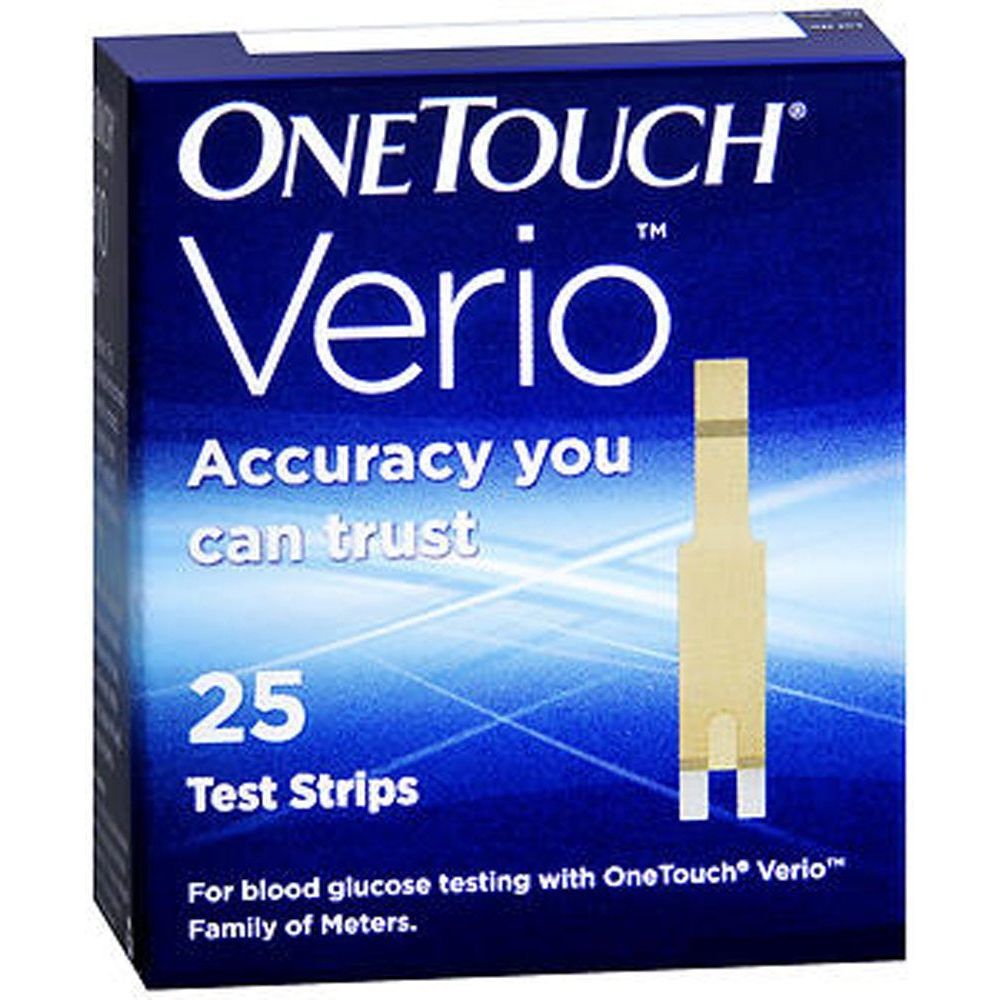 OneTouch Verio blood glucose test strips for diabetes monitoring, shown in packaging with strips visible
