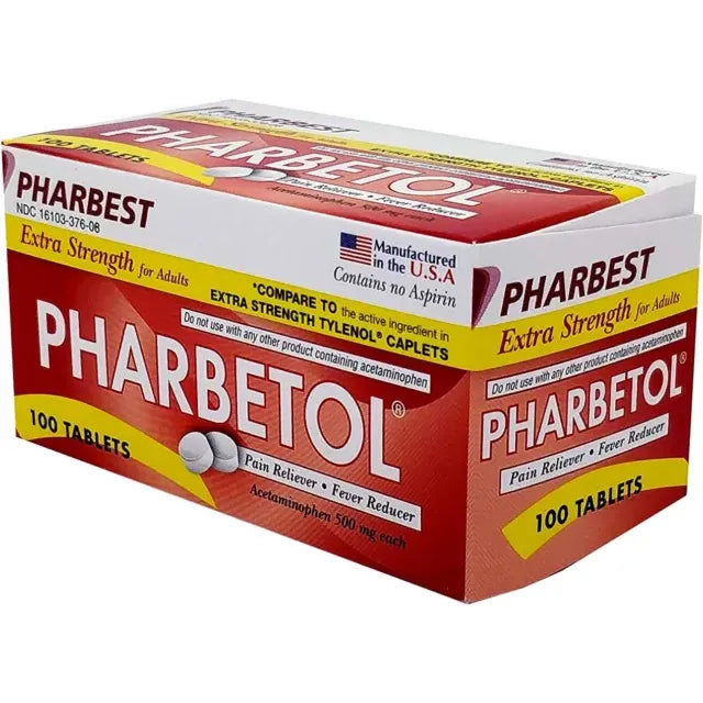 Pharbetol Tab ES 500mg by Pasteur Pharmacy, 100 tablets for health care, showing the medication packaging and tablets.