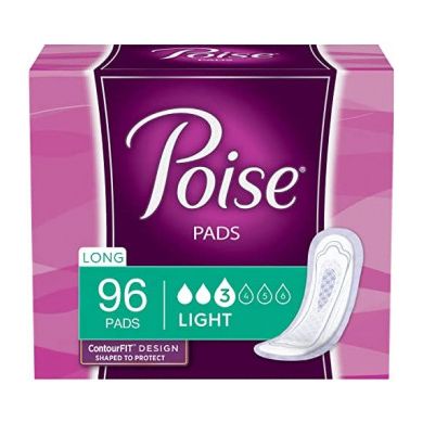 Poise Incontinence Pads for Women, light absorbency, long length, 96-count pack, packaged in four separate packs, brand Pasteur Pharmacy.