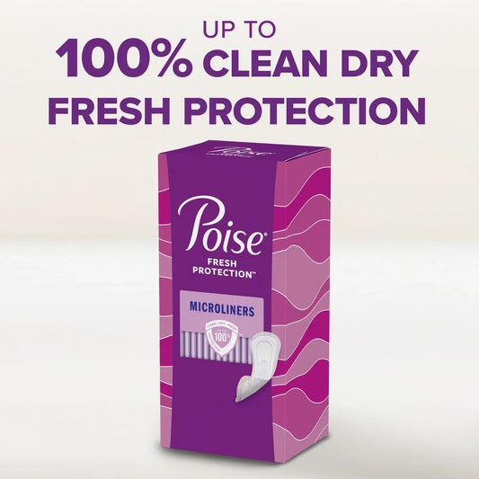 Poise Microliners incontinence panty liners by Pasteur Pharmacy, lightweight absorbency, discreet health care protection.