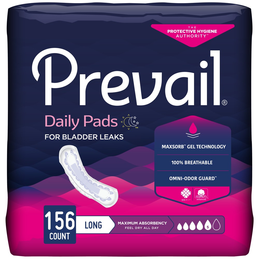 Long Prevail Pads with maximum absorbency, designed for health care, by Pasteur Pharmacy, shown in this product image.
