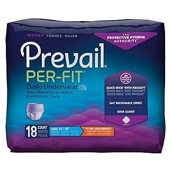 Women’s Prevail Per-Fit adult incontinence briefs, large size, white, with adjustable side panels and secure fit.
