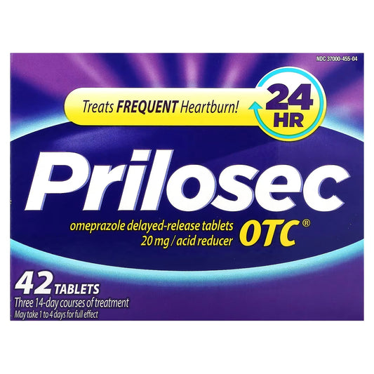 Box of Pasteur Pharmacy Prilosec OTC 20 mg acid reducer tablets, showing the blister pack with 42 tablets for heartburn relief.