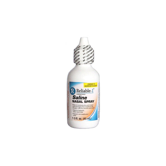 Reliable-1 Saline Nasal Spray from Pasteur Pharmacy in a 1.5 oz bottle, used for nasal relief and moisture.