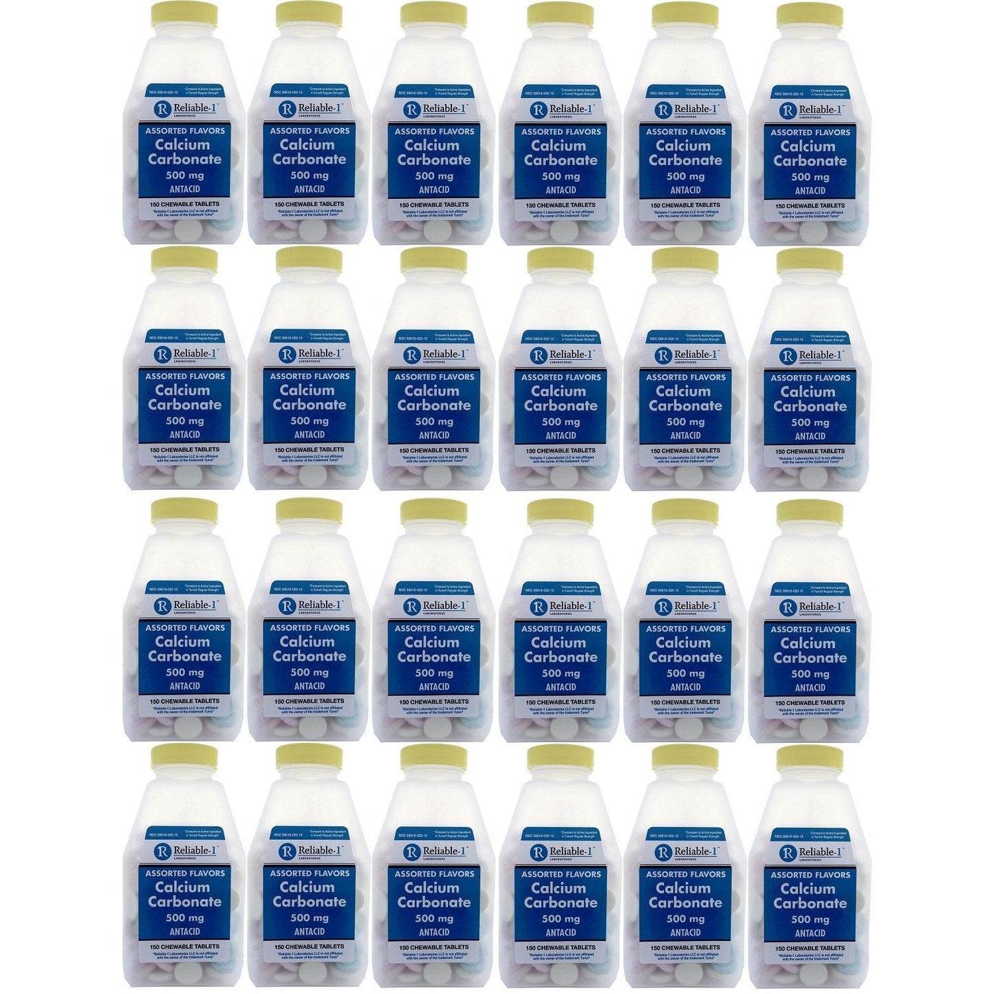 Reliable1 Calcium Carbonate 500mg chewable tablets from Pasteur Pharmacy, 150 count, dietary supplement for bone health.