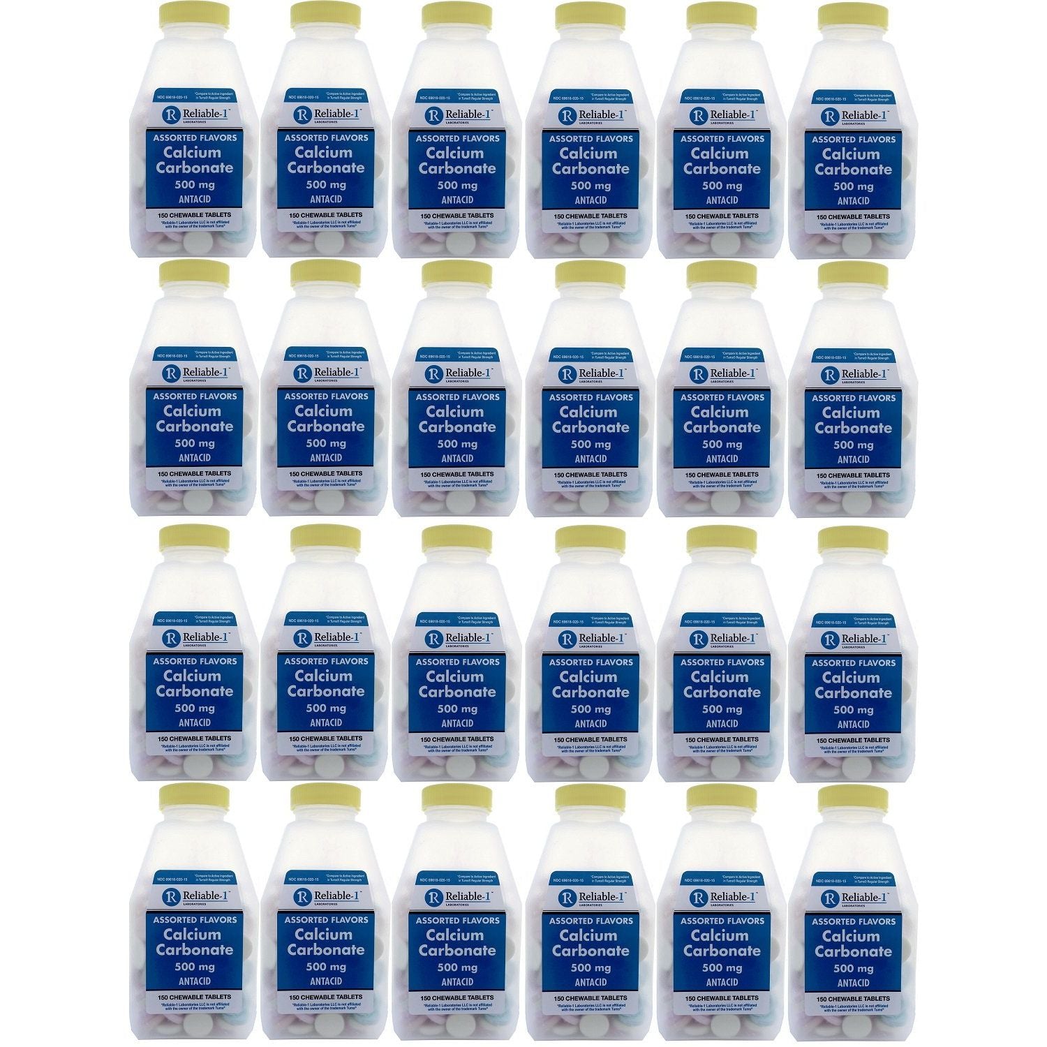 Reliable1 Calcium Carbonate 500mg chewable tablets from Pasteur Pharmacy, 150 count, dietary supplement for bone health.