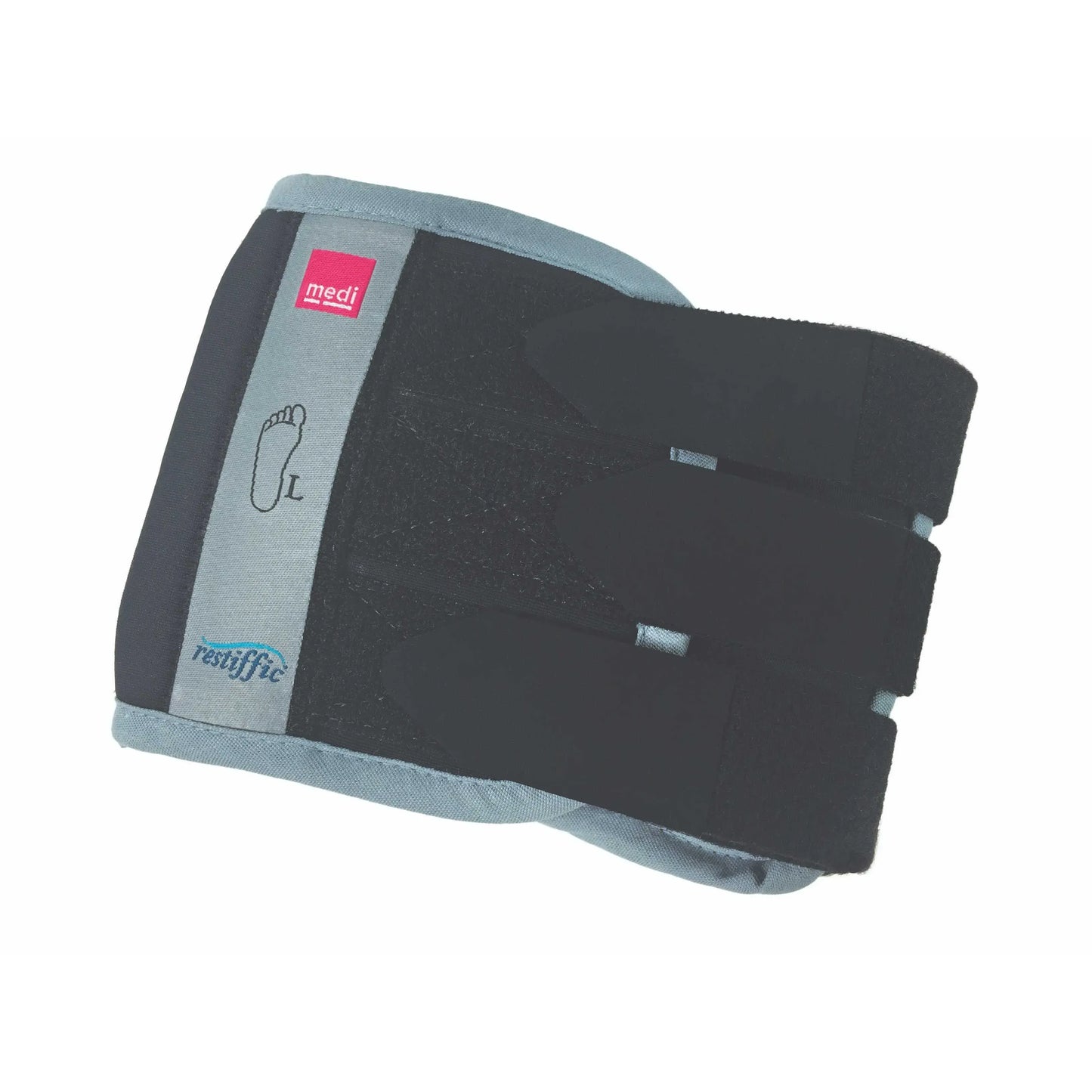 Pair of black Restiffic Restless Leg Syndrome (RLS) foot wraps, size 2, for soothing leg discomfort, by Pasteur Pharmacy.