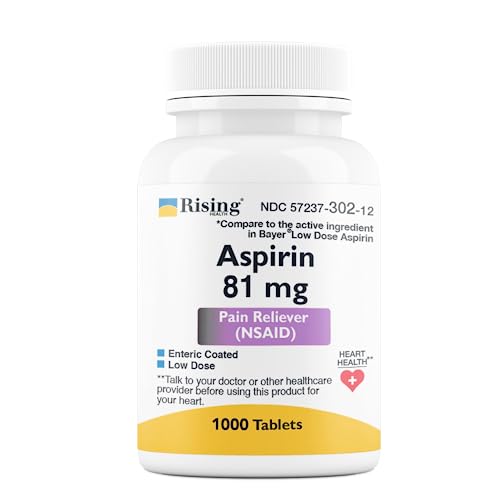 Rising Health Pain Relief Low Dose Aspirin 81mg tablets for adults, enteric-coated, pain relief for minor aches, made in USA.