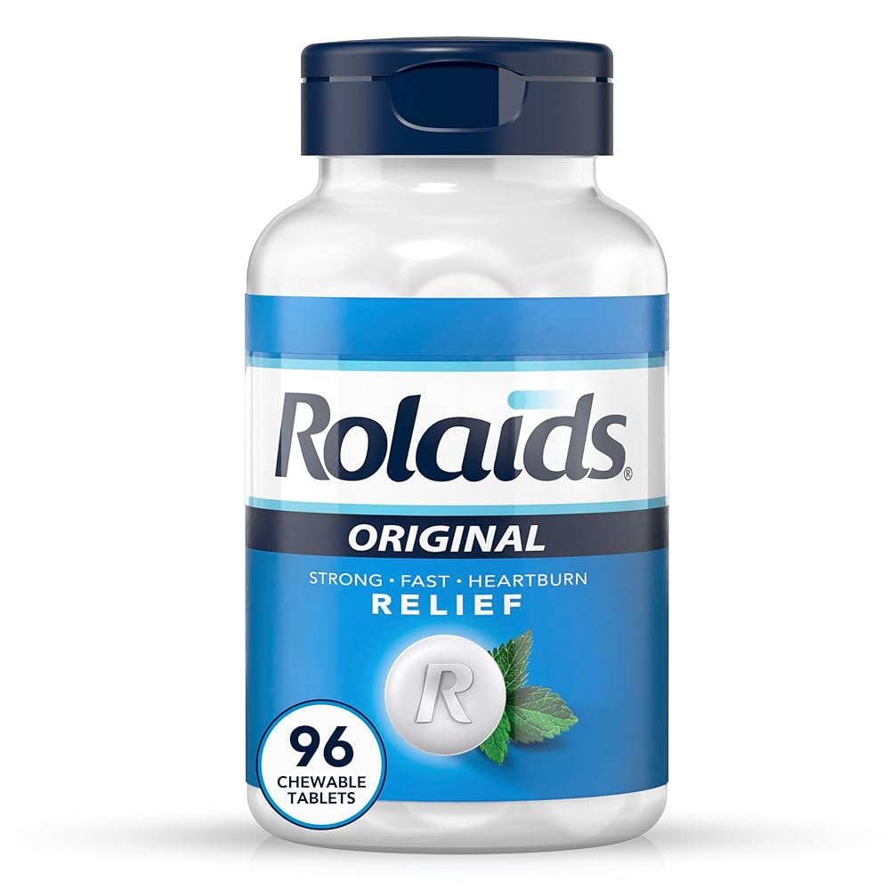 Assorted fruit and mint Rolaids Ultra Strength chewable tablets for heartburn relief, displayed in a health care setting.