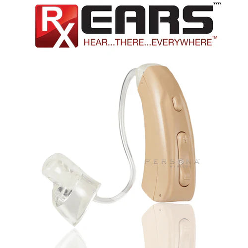 Beige RX Ears hearing aids by Pasteur Pharmacy, Model RX8, disposable and single-use for improved hearing assistance.