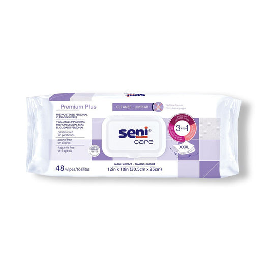 Seni Care Personal Cleansing Wipes in a pack of 48, soft and gentle health care wipes by Pasteur Pharmacy.