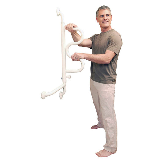 Stander Curve Grab Bar in white for safety and support, designed for healthcare use, mounted on a wall with textured surface.