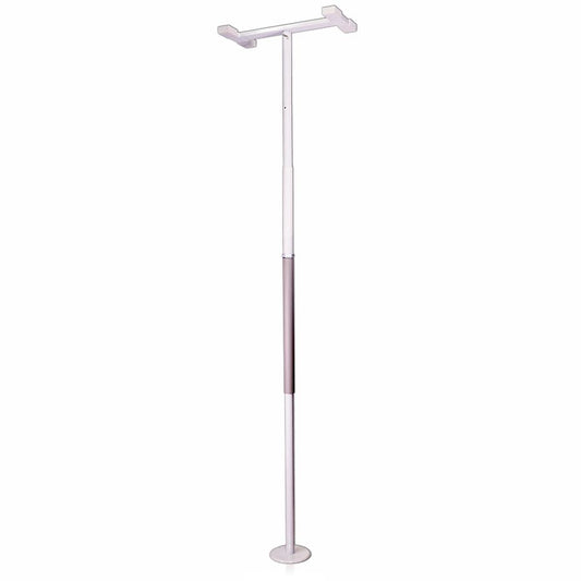 Stander floor-to-ceiling security grab bar pole in a home bathroom for enhanced safety and support.