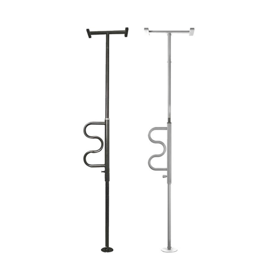 Black Stander Security Pole and Curve Grab Bar for health care, providing support and safety in home or medical settings.
