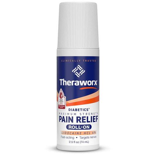 Theraworx for Diabetics Max Strength Pain Relief cream with 4% Lidocaine, in a tube, for targeted pain relief.