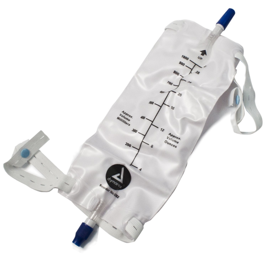 Large urinary leg bag with anti-reflex valve from Pasteur Pharmacy, designed for health care use, shown with attached tubing.