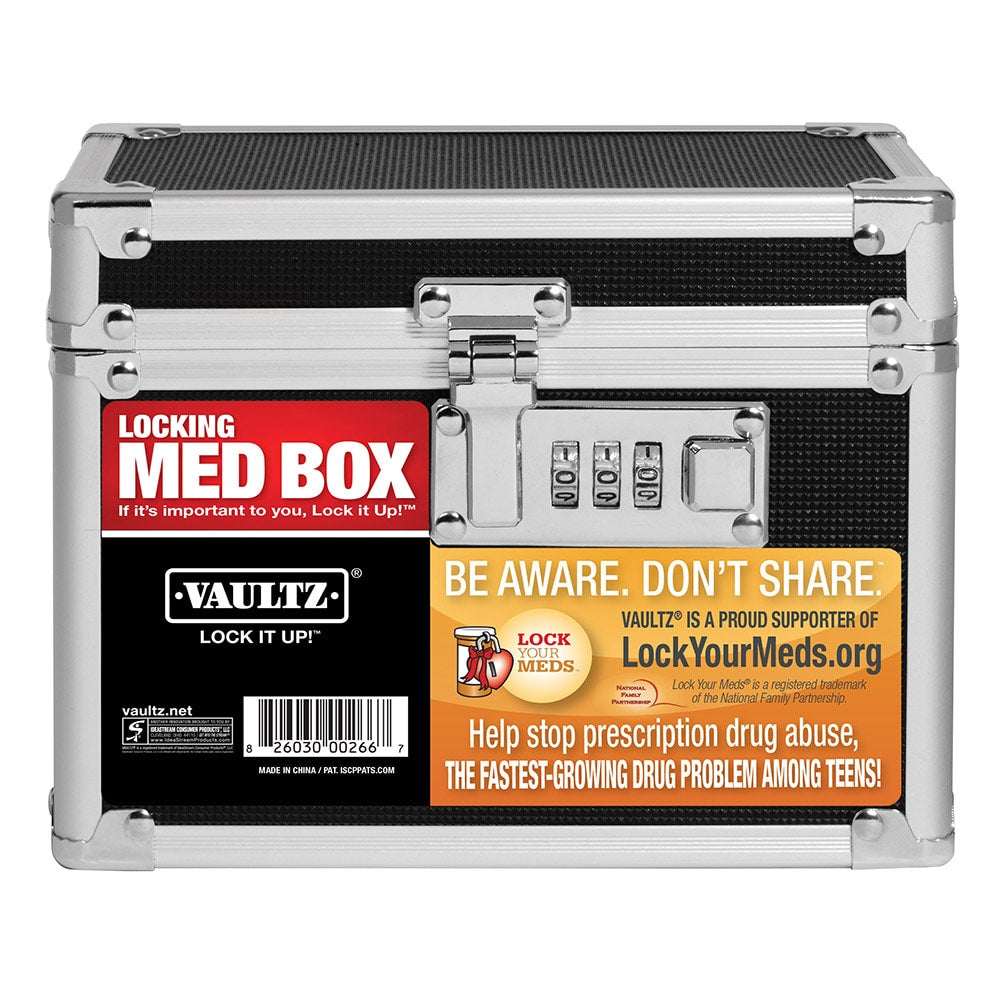 Black Vaultz Medicine Lock Box with combination lock, designed for secure storage of medications.