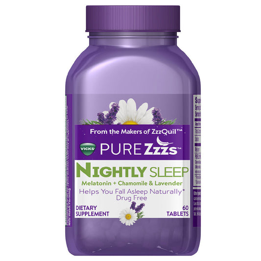 Vicks PURE Zzzs Nightly Sleep Melatonin tablets in a bottle, designed to promote restful sleep, by Pasteur Pharmacy.