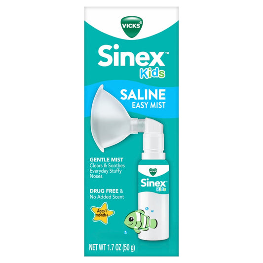 Vicks Sinex Kids Saline Easy Mist bottle, nasal spray for children, in a healthcare setting