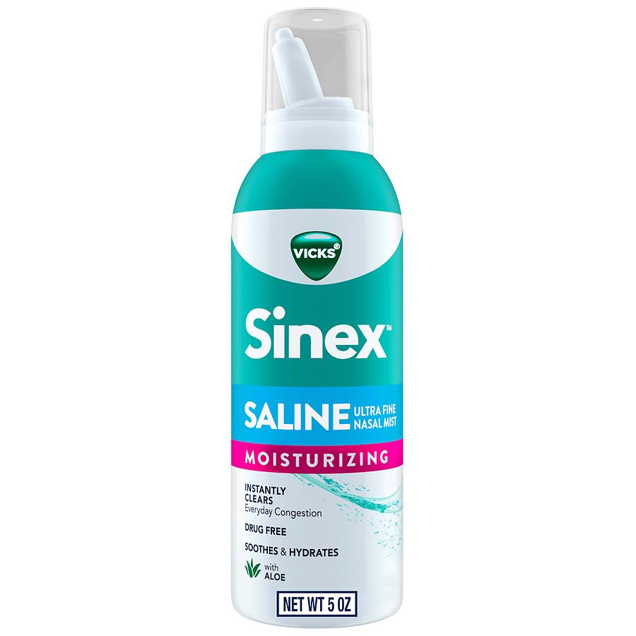 Vicks Sinex Saline Ultra Fine Nasal Mist Spray with Aloe in 5 oz bottle, used for nasal relief and hydration.