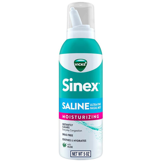 Vicks Sinex Saline Ultra Fine Nasal Mist Spray with Aloe in 5 oz bottle, used for nasal relief and hydration.
