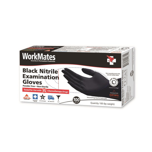 Black Workmates Nitrile Exam Gloves in large size, from Pasteur Pharmacy, shown in case of 10 packs totaling 100 gloves.