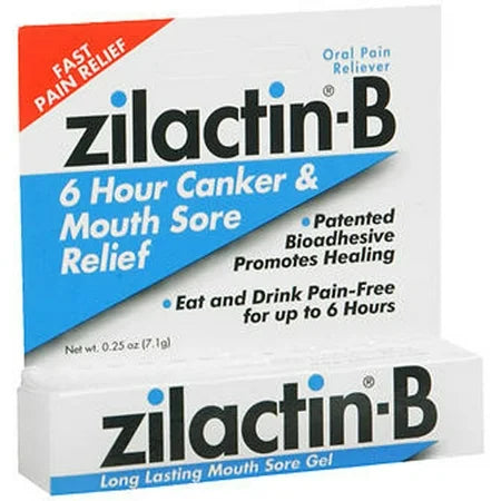 Zilactin-B oral pain reliever in 7g tube, healthcare product by Pasteur Pharmacy for soothing mouth and throat pain.