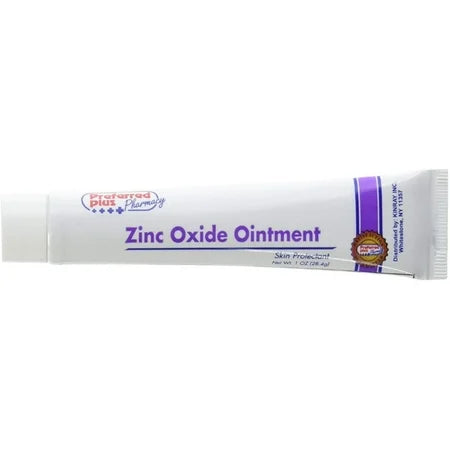Zinc oxide skin protectant ointment for rash and dry itch relief in 28.4g tube, shown with tube and product label.