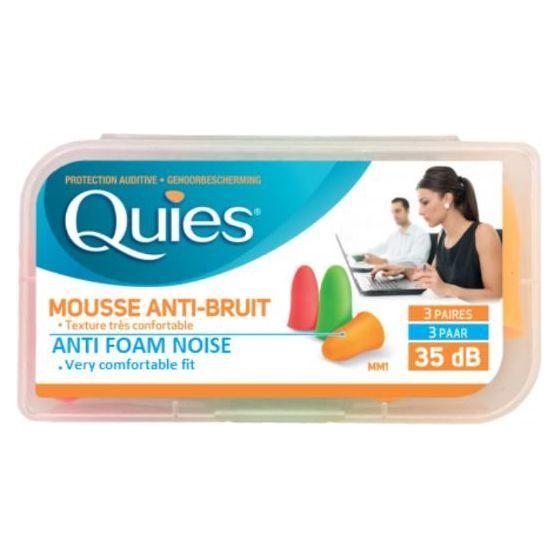 Quies anti-noise foam earplugs from Pasteur Pharmacy, 35 dB noise reduction, three pairs for sleep and hearing protection.