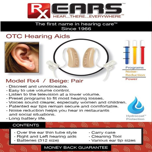 Rx Ears Hearing Aids Rx4 beige, discreet behind-the-ear hearing aids from Pasteur Pharmacy, designed for clear sound assistance.