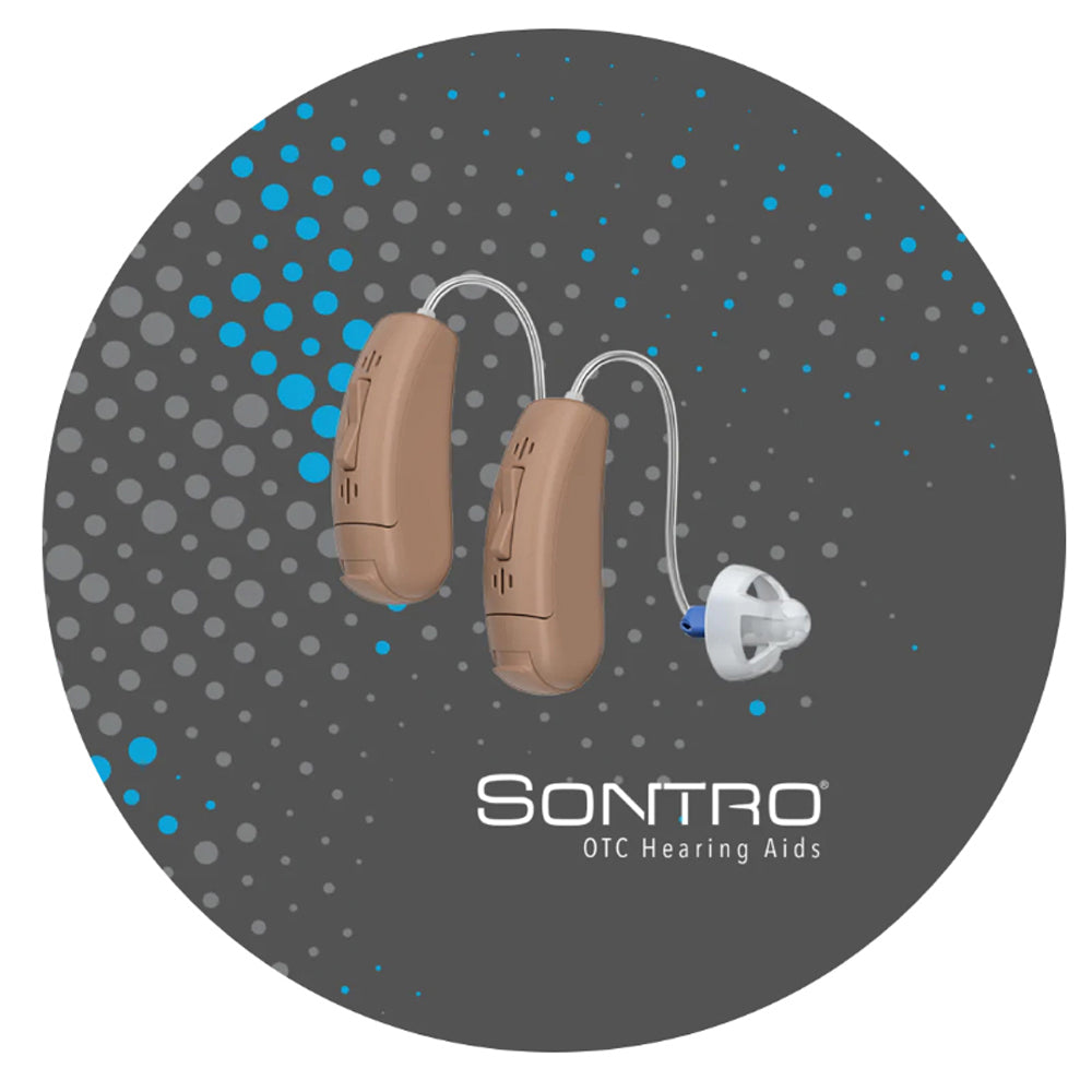 Soundwave Hearing Sontro AI beige hearing aids set, small discreet devices for improved hearing, designed for comfort and clarity.